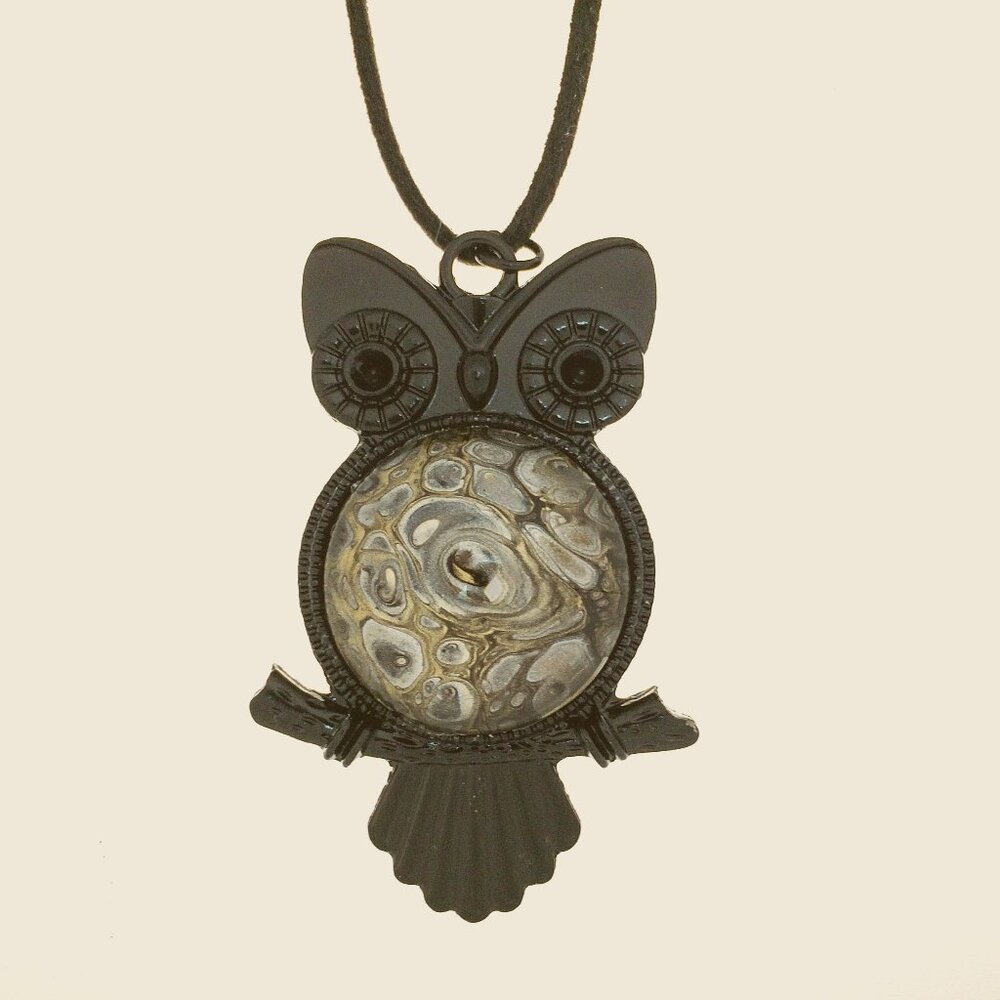 Handmade Abstract Pendant Necklace – Silver & Gold in a Black Owl Frame